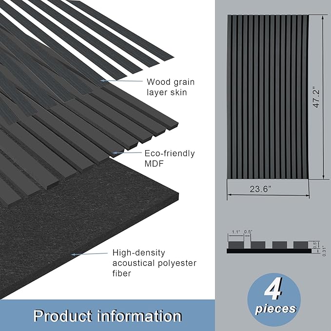 4-Piece Wood Slat Acoustic Panels for Stylish Decor and Noise Reduction, 3D Textured Panel for Ceiling and Wall - Black Oak (47.2 L x 23.6 W in)