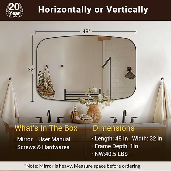 ANDY STAR 32x48 Black Bathroom Mirror, Oblong Vanity Mirror with Stainless Steel Metal Frame, Matte Black Oval Mirror for Over Sink, Modern Anti Rust Wall Mounted