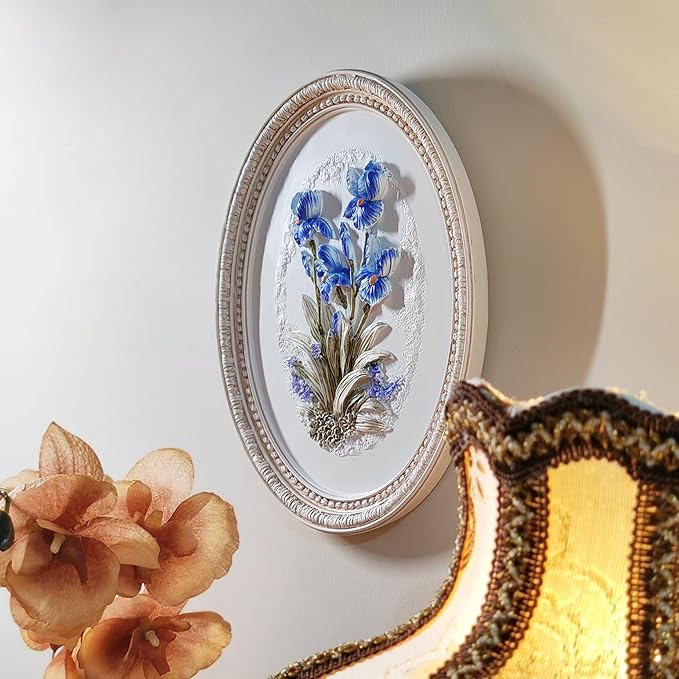 Kangce Vintage Wall Sculptures,Antique Wall Art with Hand-Carved Iris Pattern, Victorian Home Decor,for Living Room, Bedroom,Hallway Gallery,Oval,Blue