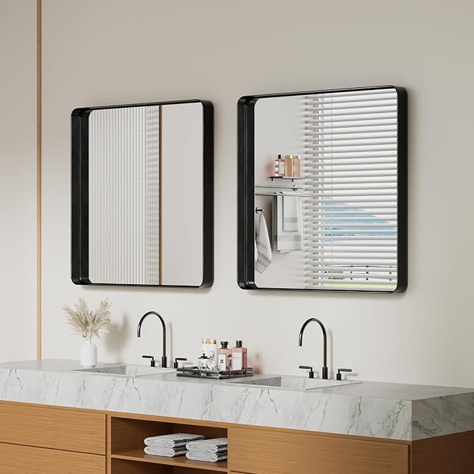 Koonmi Black Wall Mirror for Bathroom, 30x30 Inch Matte Deep Framed Rounded Rectangle Vanity Mirror for Farmhouse Living Room, Tempered Glass, Anti-Rust, Vertically or Horizontally