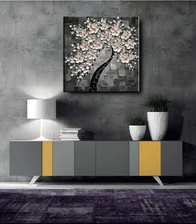 3D Cherry Blossom Tree Canvas Wall Art, White Flowers on Gray, Modern Floral Painting, 30x30 inches