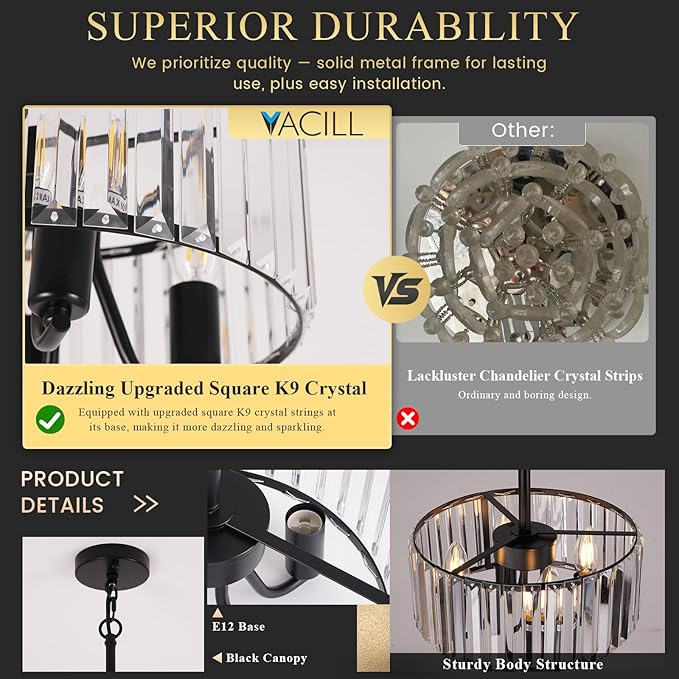 Black Crystal Chandelier, 4-Light Small Modern Semi Flush Mount Ceiling Chandelier Light Fixtures,Round Hanging Lighting Fixture for Bedroom Living Room Kitchen Hallway Entryway, E12 Base, 11.6 Inch