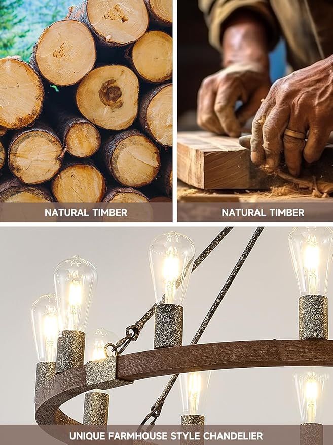 Large Wagon Wheel Chandelier, 40 Inch Farmhouse Chandeliers Rustic Wood, 20-Light Round Vintage Wooden Chandelier for Dining Room, Living Room, Entryway, Kitchen