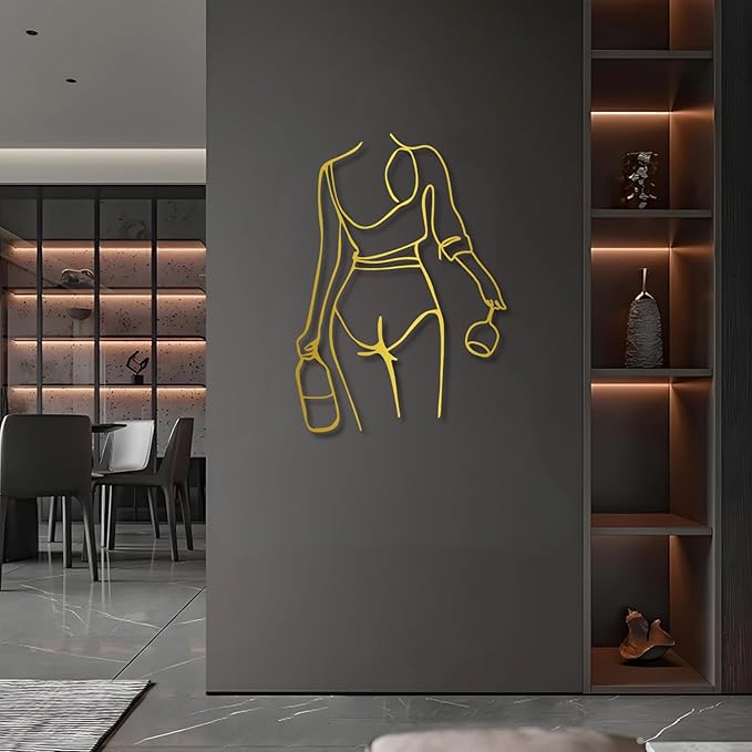 Metal Wall Art Woman Drinking Wine, Modern Minimalist Abstract Line Sculpture, Feminine Wall Decor for Living Room, Dining Room, Bar, Kitchen, Perfect Wine Lover Birthday Housewarming Gift – Gold 30.3"x21.7"