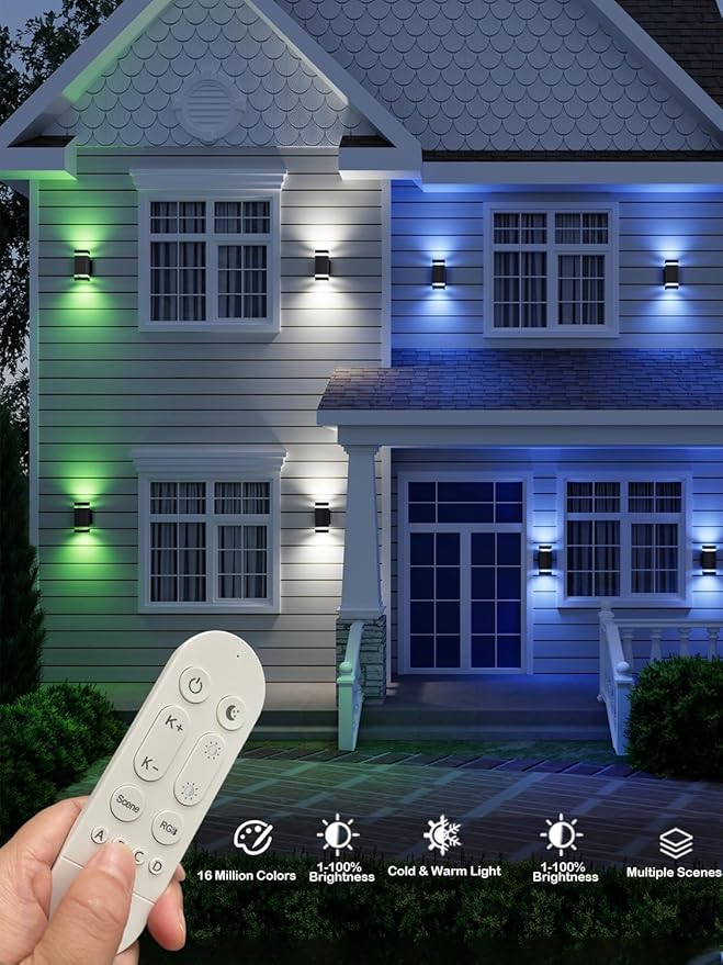 Mi.Light RF Remote Control RGB Colour Changing Lighting LED Double Up and Down Outdoor Wall Light,White Temperature 2700k- 6500k RGB+CCT Exterior Wall Lighting (3 Pack)