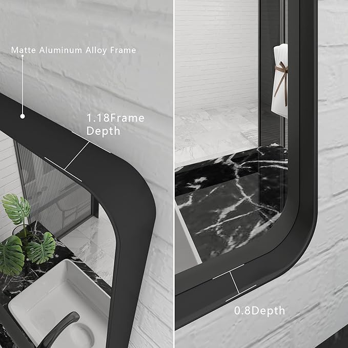 24x36 Inch Black Framed Mirror for Wall, Matte Black Bathroom Rectangle Mirror, Rounded Corner, Anti-Rust (Horizontal/Vertical)