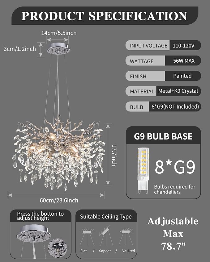 Modern Tree Branch Crystal Chandelier Luxury Silver Crystal Pendant Lighting 23.6" Contemporary 8-Light Chandeliers for Dining Room Kitchen Bedroom Living Room