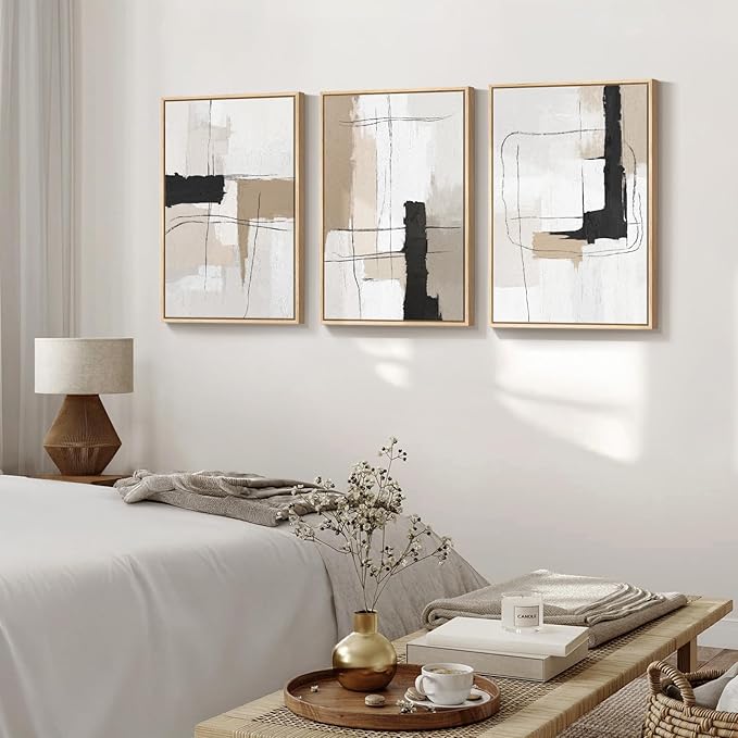 Large Framed Neutral Abstract Wall Art Set of 3, Modern Black and White Beige Canvas Prints Paintings Artwork for Walls, Minimalist Pictures for Living Room, Bedroom, Dining Room Wall Decor 20x30 In