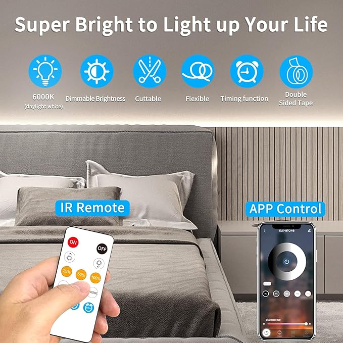 100FT COB LED Strip Lights White Dimmable DC 24V 6000K Flexible LED Tape Light for Bedroom, with Remote and app Control LED Tape Lights for DIY Home Decoration