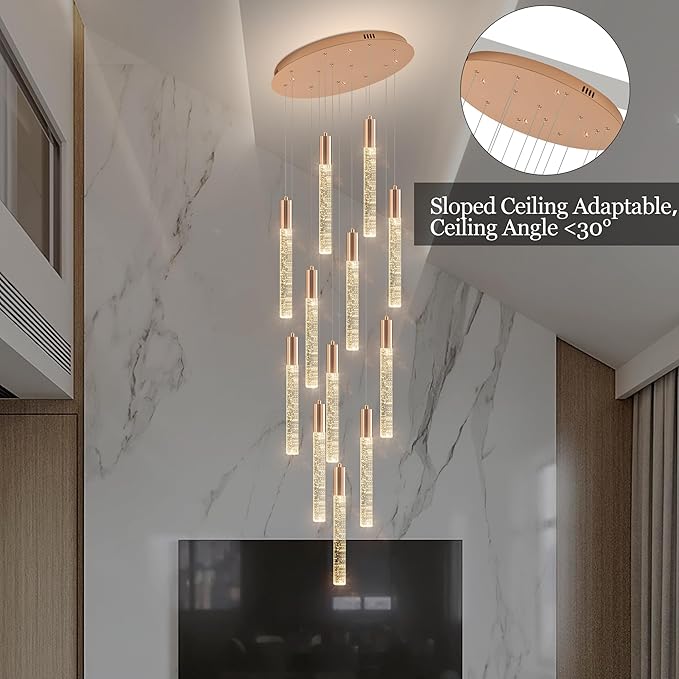 12-Lights High Ceiling Crystal Chandelier, Modern Large LED Raindrop Pendant Light Fixture 99" H Flush Mount Chandelier Gold for Foyer Staircase Villa Living Room