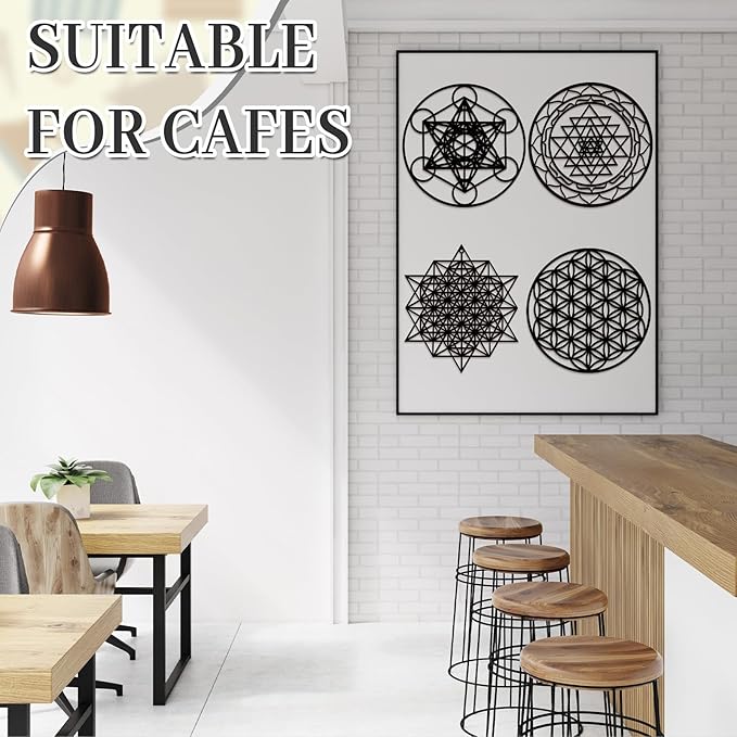 Leinuosen 4 Pcs 12 Inch Crystal Grid Board Sacred Geometric Wall Art Set Metatron Cube, Flower of Life, Sri Yantra, 64 Star Tetrahedron Pagan Decor Home Wall Decor for Room(Black)