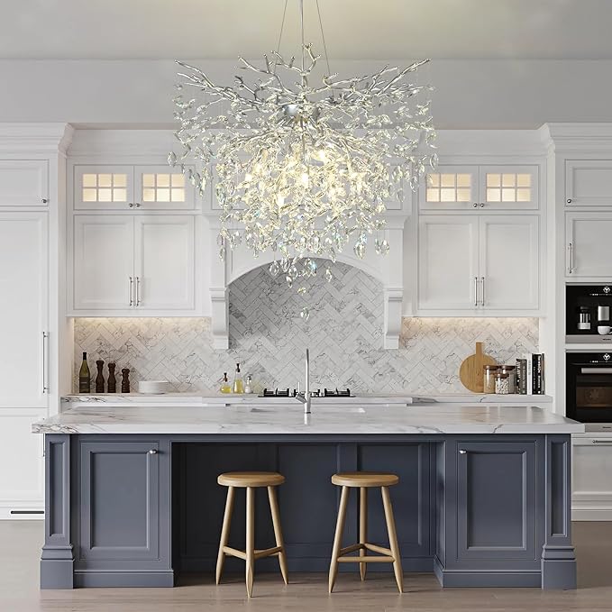 32 inch Crystal Chandelier for Dining Room, Round Silver Tree Branches Chandeliers, Top K9 Crystal Chandelier, Modern Chandeliers for Kitchen,Foyer Entryway,Luxury Adjustable Hanging Chandeliers
