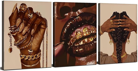 Black Girl Canvas Wall Art Living Room Modern Abstract Gold Jewelry Accessories Canvas Painting African Female Framed Artwork Woman Room Decor Living Room Bathroom Fashion Home Decorations 16x24 3Pcs