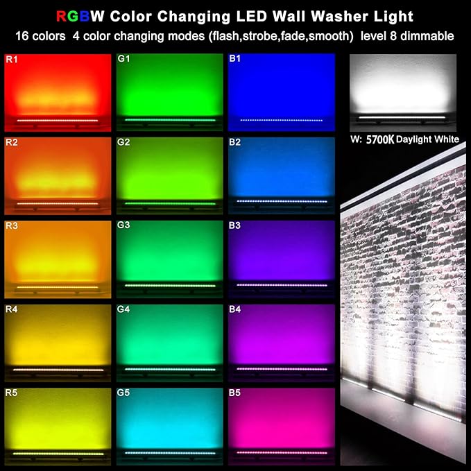LED Wall Washer Light with RF Remote, 144W Color Changing Linear Wall Light Bar, 120V Waterproof Dimmable RGBW Landscape Spotlights for Outdoor & Indoor Lighting Projects