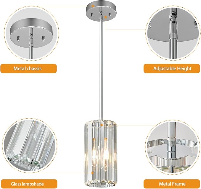 Chrome Pendant Lighting Modern Pendant Light Mini Crystal Chandeliers Adjustable Pendant Light Fixture for Kitchen Island Dinning Room Corridor Bedroom(Chorme 1-Light)