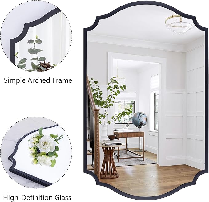 Chende Black Mirrors for Wall Decor, 36'' x 24'' Scalloped Mirror for Bathroom with Metal Frame, Large Wall Decor for Living Room, Entryway, Dining Room