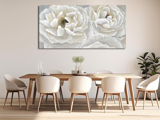arteWOODS Cream White Flowers Wall Art - Soft Peony Pictures for Wall Decor Elegant Blossom Flower Painting Artwork Botanical Prints for Living Room Home Office Wall Decoration 29" x 58"
