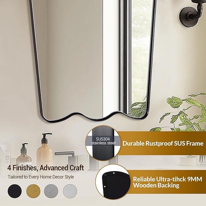 ANDY STAR Scalloped Mirror for Bathroom, 24x36 Inch Matte Black Butterfly Mirror for Living Room,Fireplace, Rustproof Stainless Steel Metal Frame, Hang Vertical or Horizontal