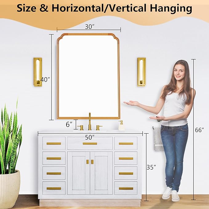 30" x 40" Wood Bathroom Mirror for Over Sink, Rustic Rounded Corner Vanity Mirror for Entryway, Living Room or Bedroom Home Decorative [Natural Color]