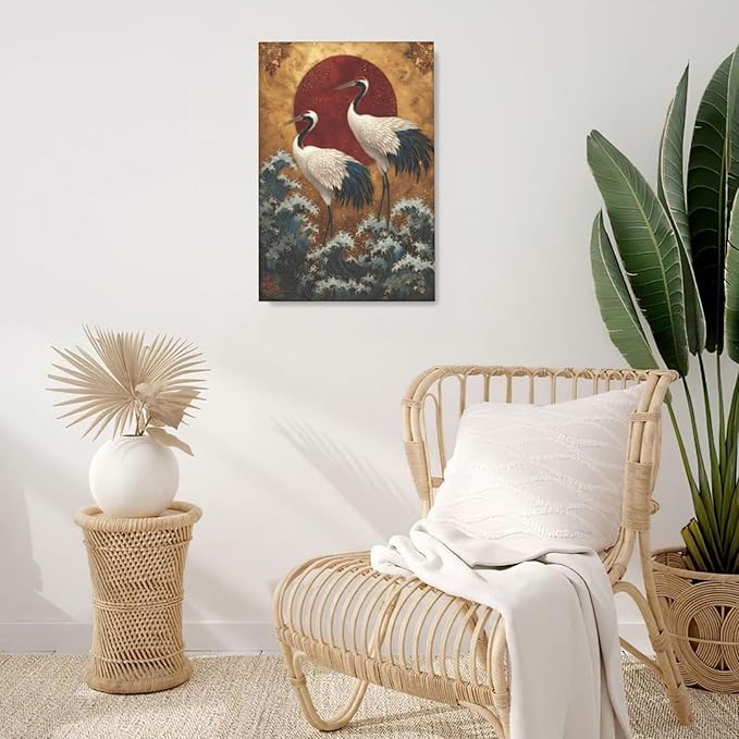 Japanese Crane Wall Art Gold Oriental Asian Wall Decor Sandhill Crane Canvas Pictures Paintings Prints Japan Traditional Aesthetic Artwork Framed Chinese Decorations For Bedroom Living Room Office Gifts 16" x 24"