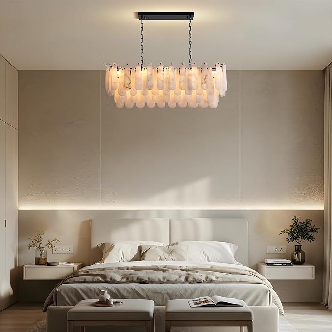 Chandeliers for Dining Room, L47.2 in Modern Alabaster Rectangle Black Chandelier, 4-Tiers Luxury Natural Stone Ceiling Light Fixture, White Marble Chandeliers for Kitchen Island Living Room Bedroom