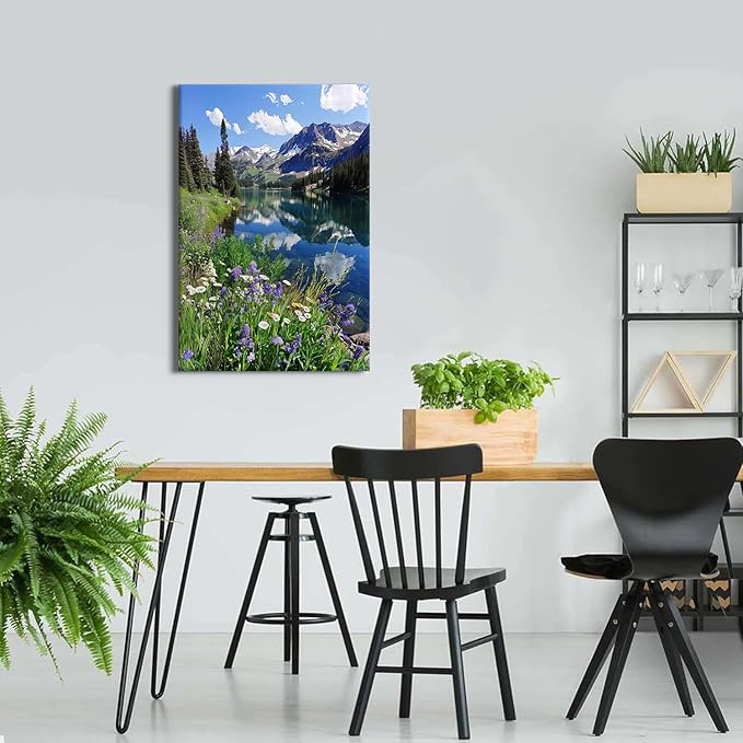 Large Mountain Wall Art Living Room Decor Lake Reflection Canvas Pictures Rocky Mountain National Park Poster Nature Wildflowers Landscape Colorado Mountains Paintings Artwork Home Decoration 24x36"