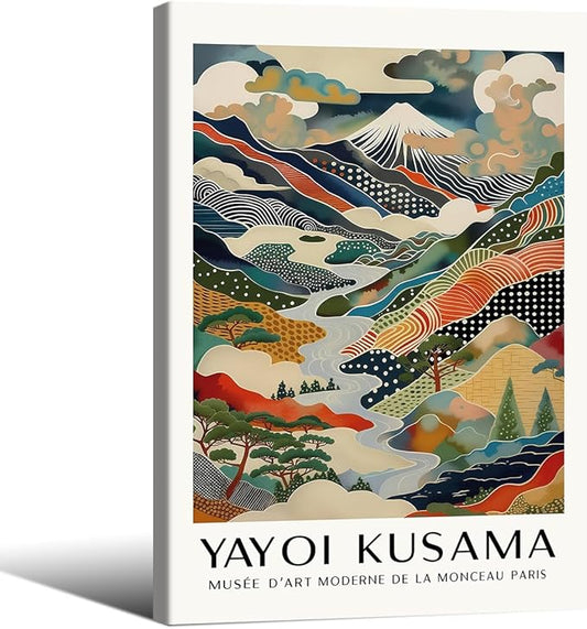 Japanese Canvas Wall Art Ya.yoi Kus.ama Mount Fuji Posters Asian Landscape Pictures Prints Modern Nature Mountain Artwork for Bathroom Living Room Bedroom Office Home Decor 24x36 inch Framed