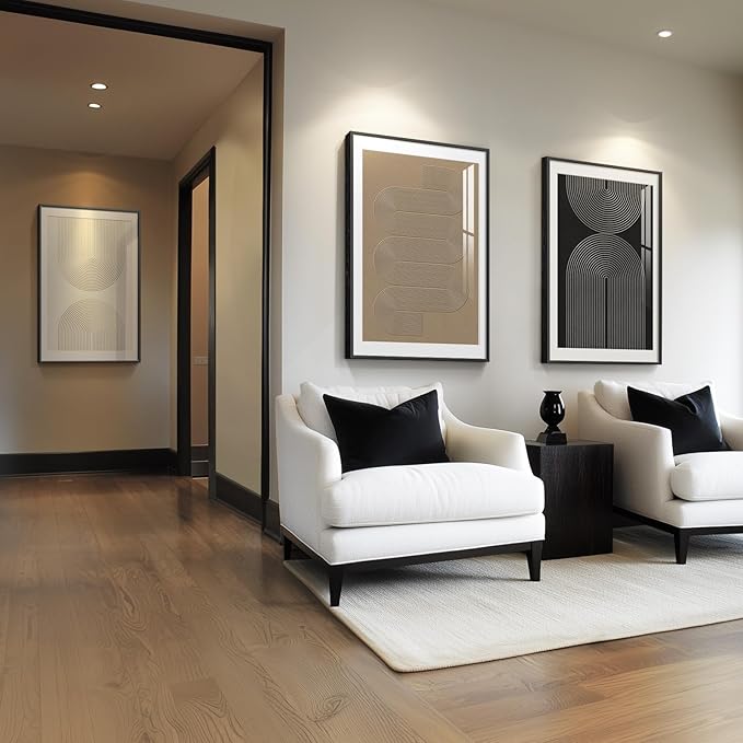 Large Framed Boho Neutral Abstract Wall Art for Living Room, 3 Piece Black White Brown Prints Paintings Artwork for Walls, Modern Minimalist Geometric Pictures for Hallway Office Wall Decor 24x36 In