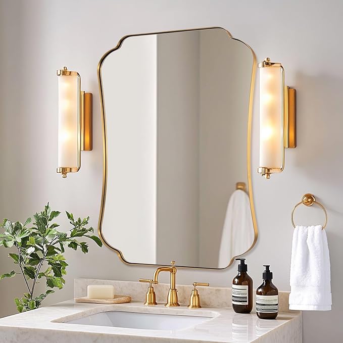 ANDY STAR 30x40 Inch Brushed Gold Bathroom Mirror, Luxury Brass Scalloped Wall Mirror with Stainless Steel Frame, Decorative Wave-Edge Vanity Mirror for Living Room, Entryway, Bedroom