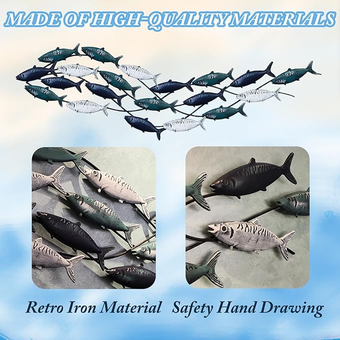 Metal Fish Wall Art - Large School of Fish Wall Decor for Living Room & Bedroom - Coastal Nautical Ocean Wall Sculpture (59" x 16")