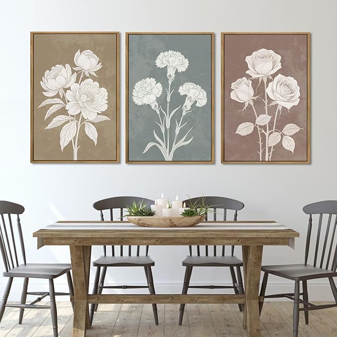 BINCUE Extra Large Neutral Botanical Wall Art Decor Floral Painting Flower Print for Living Room Bedroom Bathroom Dining Room 24" Lx36 W 3 Piece