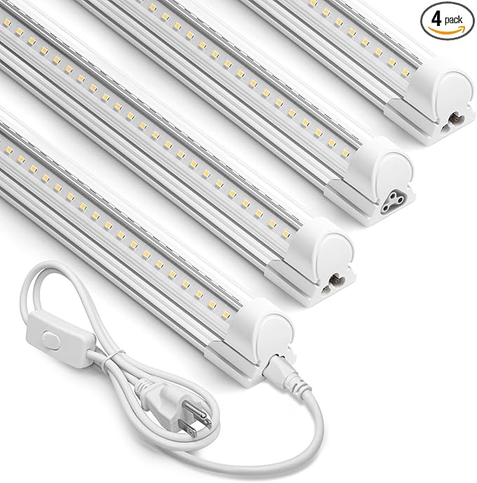 Barrina 5000K 2FT LED Shop Light, 3000LM, 20W, T8 Shop Lights for Garage, Workbench, Cabinet, Workshop, Room, LED Tube Lights, Linkable Ceiling Light Fixture with Built-in ON/Off Switch, ETL, 4 Packs