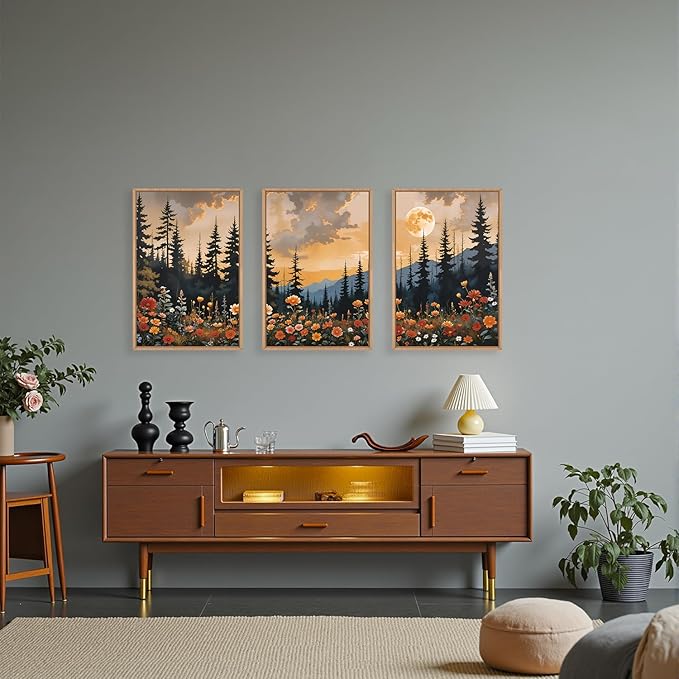 KAIRNE Mountain Forest Landscape Framed Wall Art Set of 3, Nature Full Moon Pine Tree Scenery Wall Decor, Vintage Boho Sunset Flowers for Living Room Bedroom Office - 16×24inch
