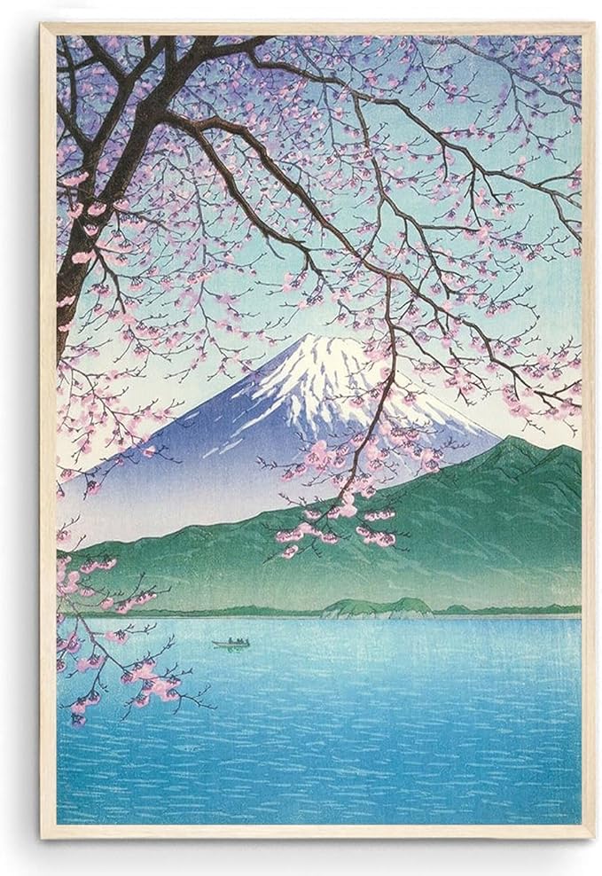 OZCONO Japanese Mount Fuji Wall Art Print, Cherry Blossom Lake Scene, UV-Resistant Gallery Quality Giclée Print, Unframed (Unframed) (30L x 20W)
