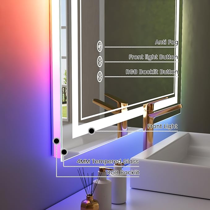 24x30 inch LED Bathroom Mirror with Lights RGB Backlit Color Changing Lighted Vanity Mirror for Bathroom Wall Dimmable Anti-Fog Led Mirror for Bathroom(RGB Backlit + 3 Front-Lighted)