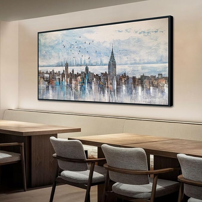 Arjun Cityscape Wall Art New York City Buildings Picture Modern Abstract Grey Skyline Birds NYC Painting Artwork for Bedroom Living Room Bathroom Home Office Decor, Large Size Black Framed 48"x24"