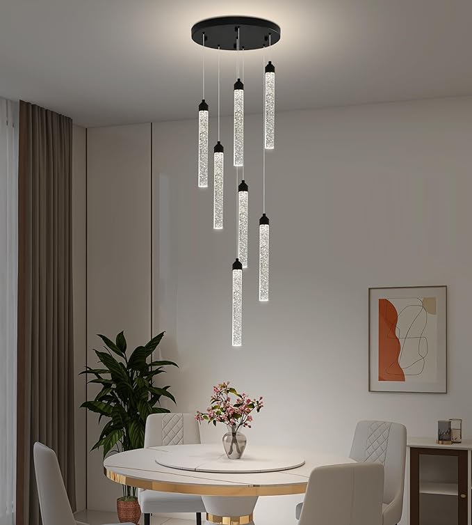 7-Lights High Ceiling Crystal Staircase Chandelier Black Pendant Lights Modern Spiral Raindrop Dimmable LED Bubble Cluster Ceiling Hanging Lighting Fixture for Foyer Living Room Remote Control