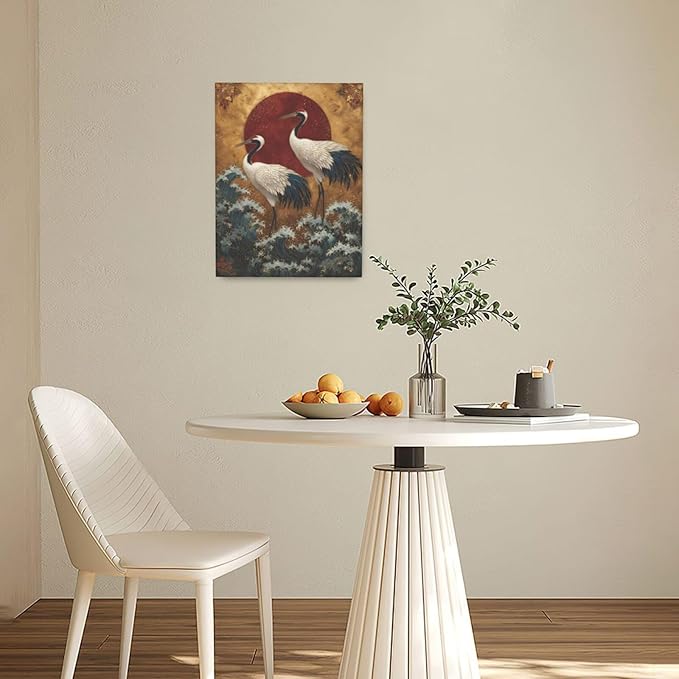 Japanese Crane Wall Art Gold Oriental Asian Wall Decor Sandhill Crane Canvas Pictures Paintings Prints Japan Traditional Aesthetic Artwork Framed Chinese Decorations For Bedroom Living Room Office Gifts 12" x 16"