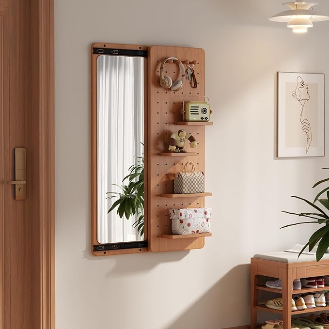 KungFuWood Full Length Mirror with Shelf and Hooks,Entry Way Mirrors for Wall,Wall Mirror with Shelf,Wall Mirror with Storage Multifunctional Design Panel,Living Room