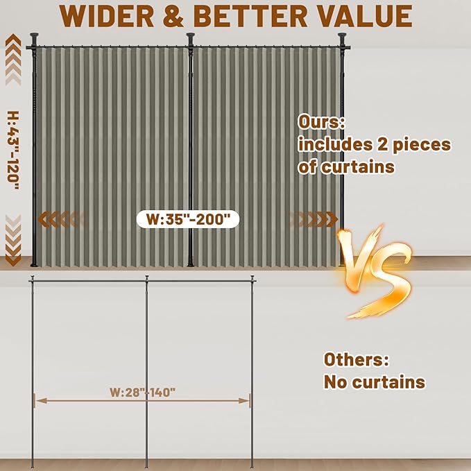 AJAZZ Privacy Curtains for Room Divider with Blackout & Soundproof (2 Panels, Grey, W100 x L84 in)+ No Drill Curtain Rods(H) 43-120×(W) 35-200 in, Wall Divider for Bedroom/Studio/Office Curtain