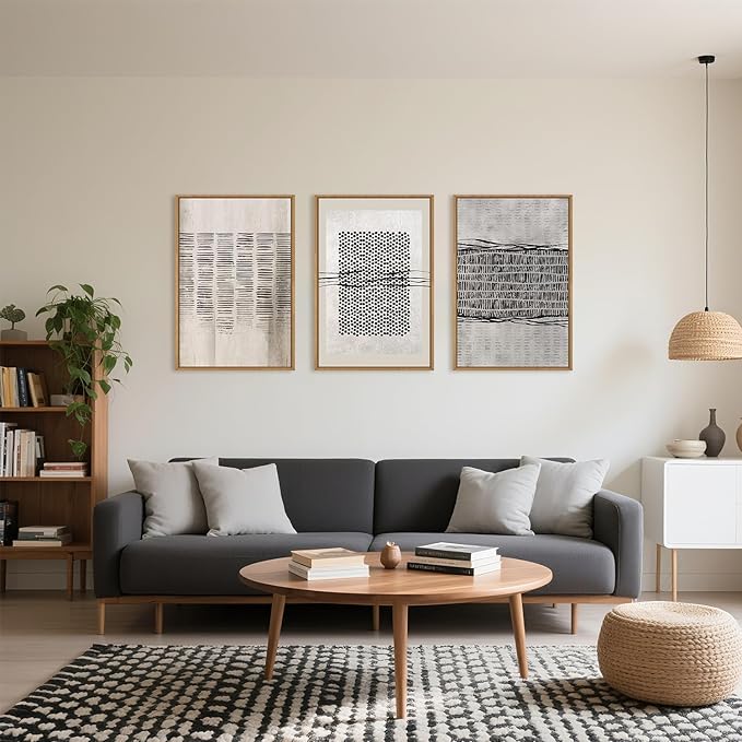 Large Abstract Black and Beige Framed Canvas Wall Art,Minimalist Geometric Lines Wall Decor,Cozy Neutral Shapes Artwork,Modern Lines Dots Art Print for Living Room,Bedroom,Office- 24"x36"x3