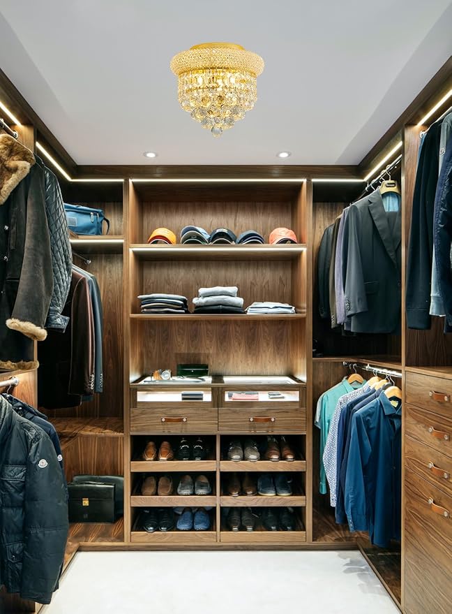 3-Light Crystal Flush Mount Chandelier Ceiling Light Fixture for Living Room Dining Room Bedroom Foyer Entryway Hallway Closet Bathroom (Gold D10)