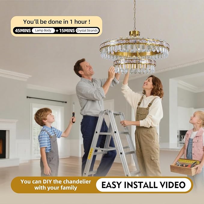 2-Tier Round LED Crystal Chandelier for Living Room - Large 3 Colors Stepless Dimmable Gold Chandeliers,Modern Adjustable Height high ceiling Light Fixture for Dining Room Entryway With Remote Control