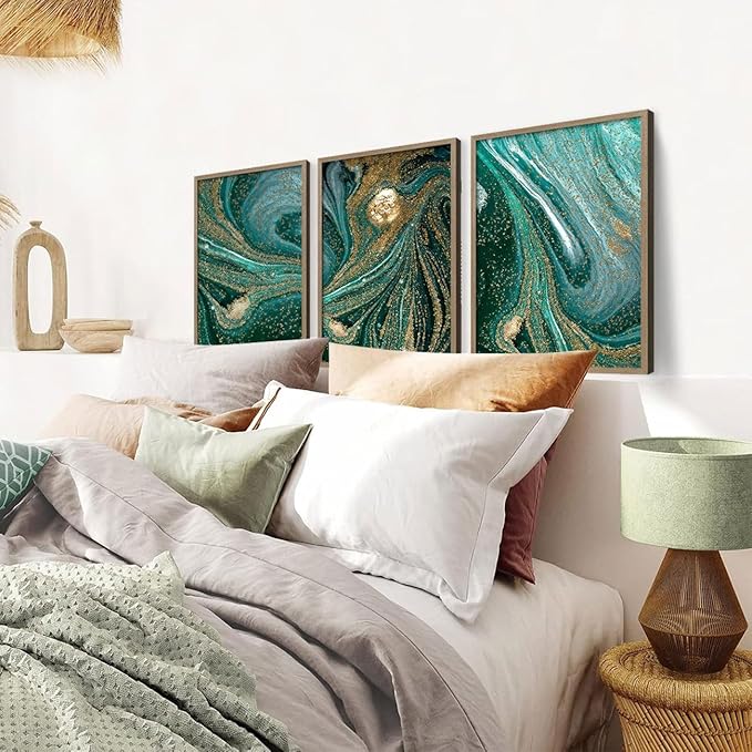 3pcs Wood Framed Green Abstract Canvas Wall Art - Abstract Green Black Gold Fluid Artwork - Modern Green Gold Abstract Prints Posters - Living Room Bedroom Decorative Paintings Gallery Style Wall Hanging Pictures