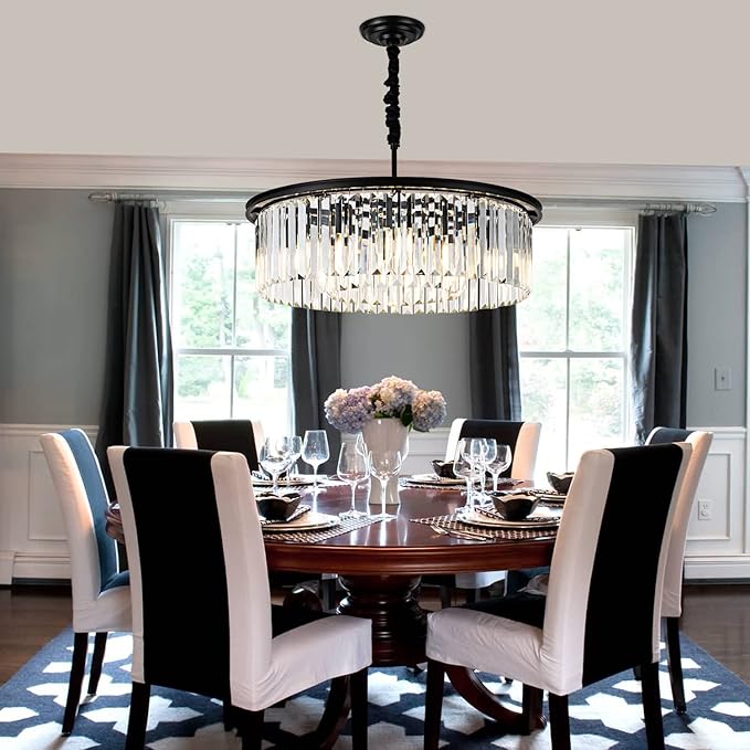 23" 8-Light Modern Crystal Chandelier Light Fixtures 2 Rings Black Luxury Chandeliers for Dining Room Round Hanging Pendant Lighting for Living Room Kitchen Entryway Bedroom