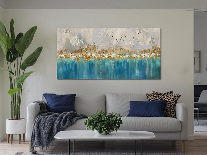 Arjun Abstract Canvas Wall Art for Mens Room, Gold Mountain Hand Painted Textured Large Bedroom Painting Artwork Framed Home Office Wall Decor 40"x20"