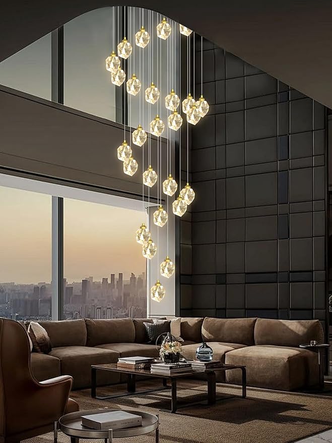 26 Light Gold Large Crystal Chandeliers for High Ceiling 135 inches Long Spiral Staircase Chandelier High Foyer Ceiling Chandelier LED Dimmable 2700-6000K