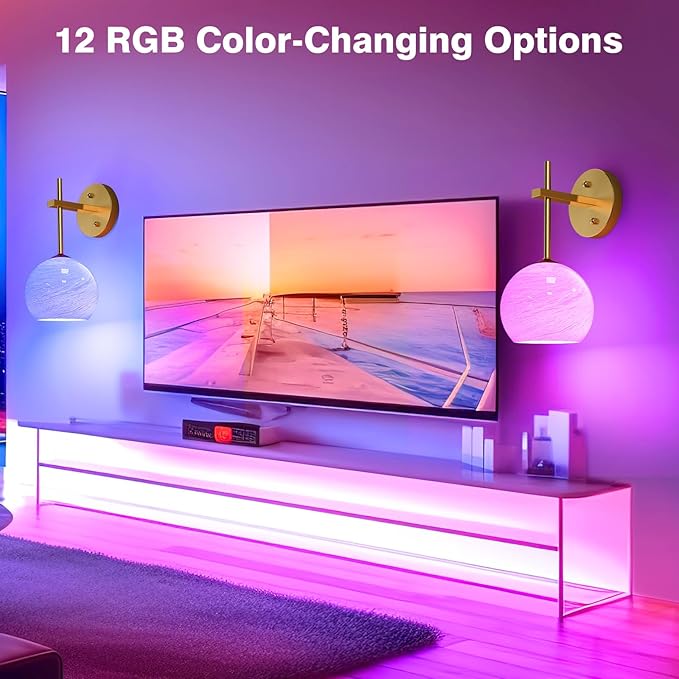 MOITA Wall Sconces Set of Two, Wireless Battery Operated Wall Decor with Remote, Sconces Wall Lighting with Glass Shade, Upward and Downward Installation, 12 RGB Colors and 3 CCT Options