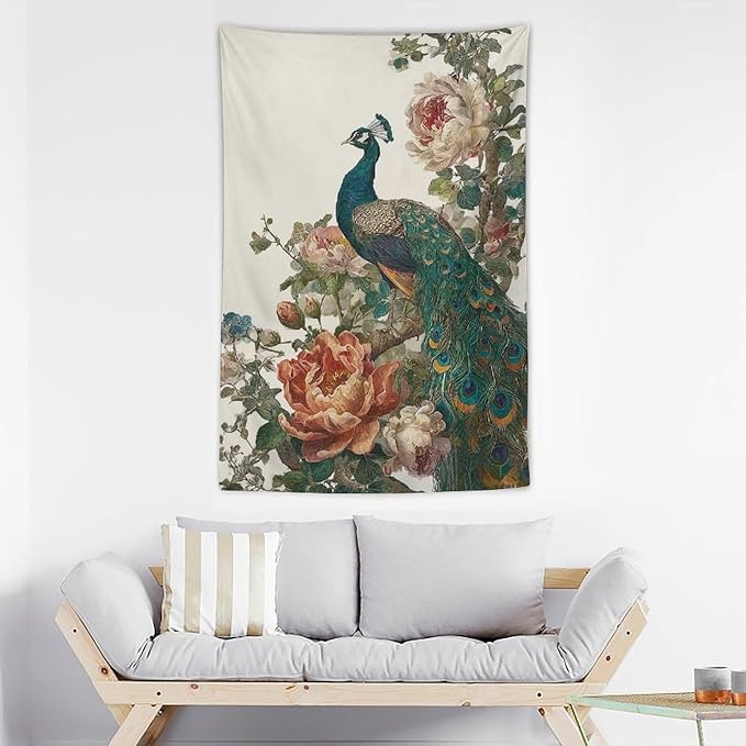 UUKXKUU Peacock Oriental Retro Blooming Flowers Tree Tapestry Flag Backdrop Wall Hanging Large Wall Art Decor for Dorm Office Bedroom Living Room 40"×60"