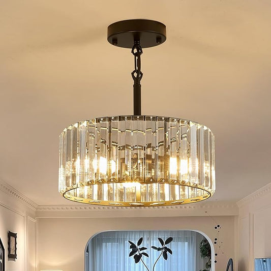 Modern Crystal Black Chandelier,11.7 inch semi Flush Mount Ceiling Dining Light Fixture with 3*E12 Base,Round Pendant Lighting for Dining Room Bedroom Hallway Bathroom Foyer Kitchen